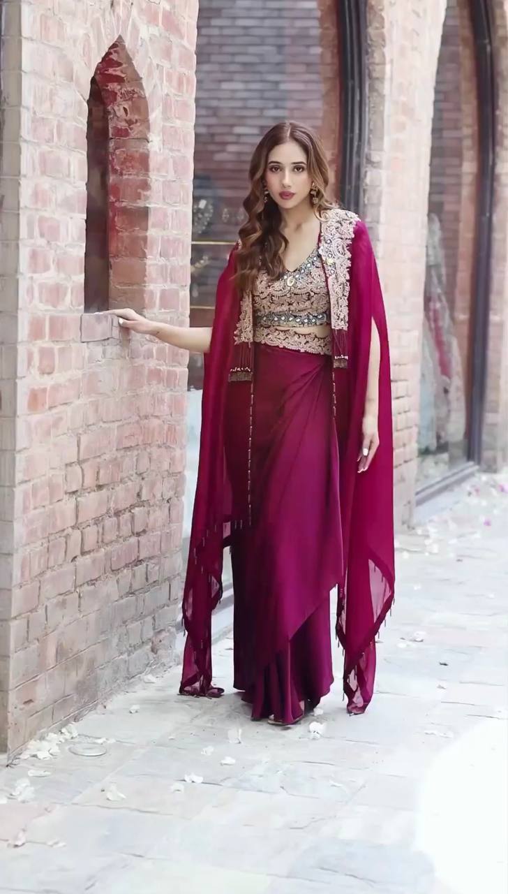Designer Embroidered Georgette Sharara Set with Banglory Blouse & Shrug – Fully Stitched YNF