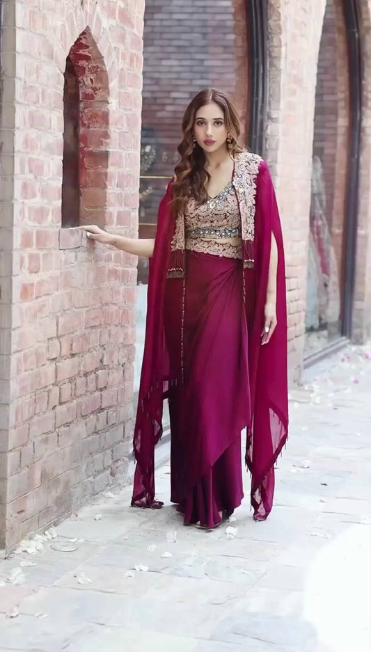Designer Embroidered Georgette Sharara Set with Banglory Blouse & Shrug – Fully Stitched YNF
