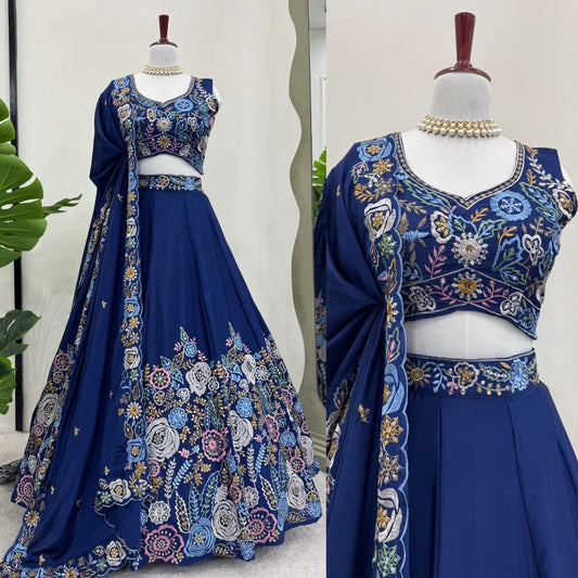 signer Heavy Chinon Silk Lehenga Set with Thread & Sequin Work | 4M Flare with Cancan | Unstitched Choli & Dupatta with Cutwork Border YNF
