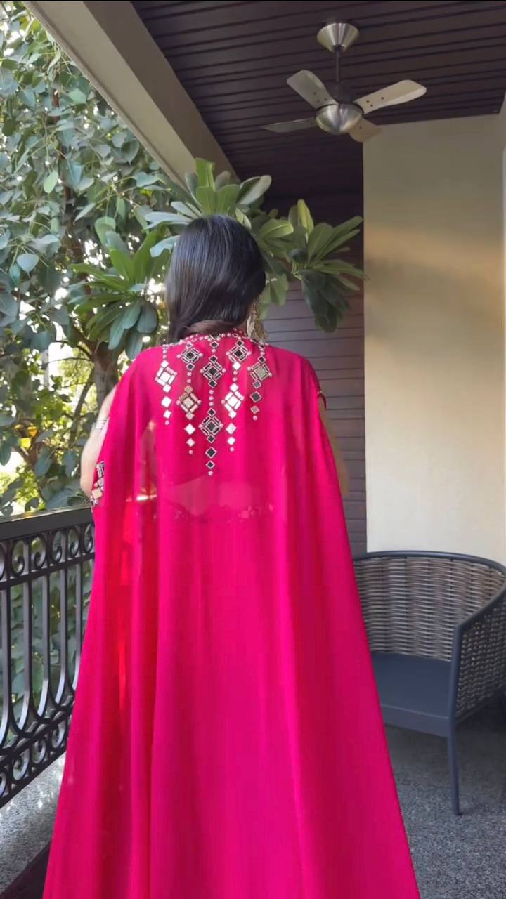 Designer Georgette 3-Piece Set with Mirror Work Shrug & Circular Plazzo | Elegant Ethnic Fusion Wear YNF