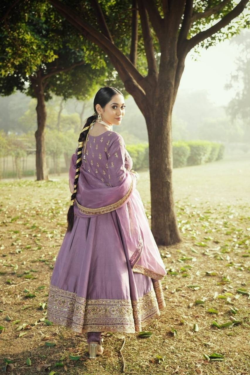 Embroidered Heavy Chinon Silk Gown Set with Organza Dupatta – M to XXL YNF