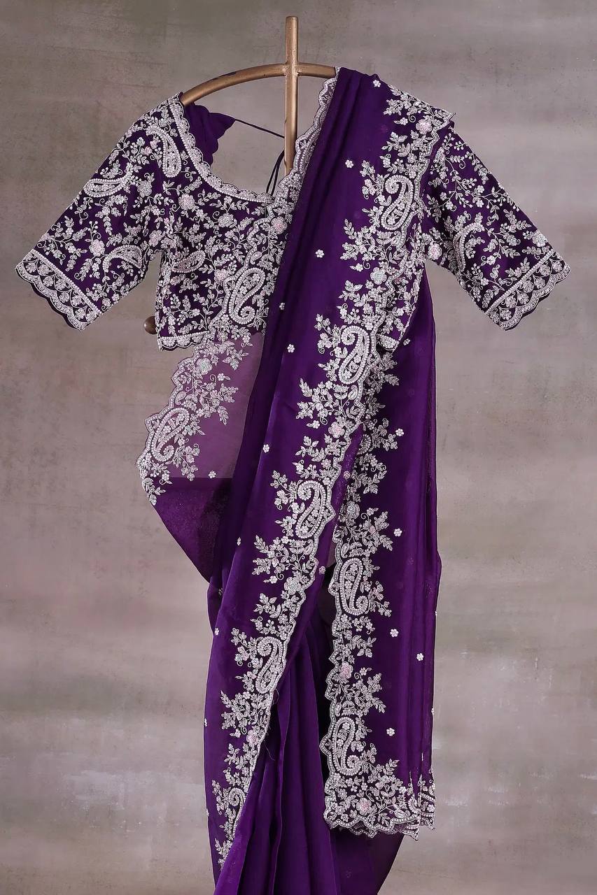 Premium Fendy Satin Sari with Heavy Embroidery Codding & Sequins Work + Unstitched Mono Banglory Silk Embroidered Blouse YNF