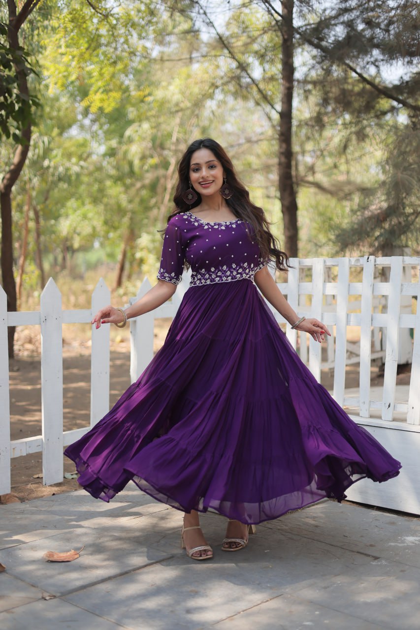 12-Meter Flair Faux Blooming Gown with Beads Embroidery – Round Neck | Sizes M to XXL YNF