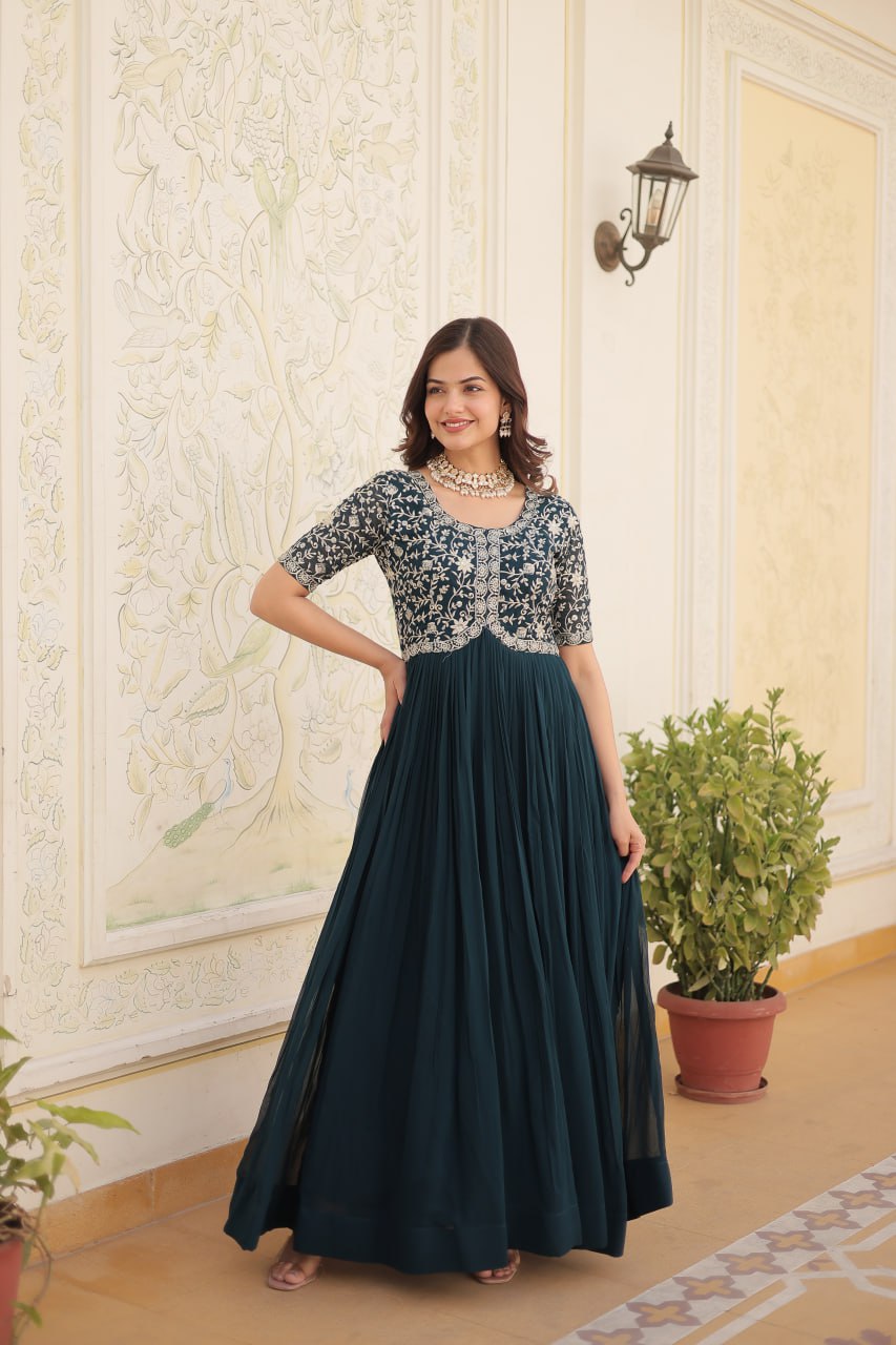 Embroidered Faux Blooming Gown – Zari & Sequin Work | Round Neck | Sizes M to XXL YNF