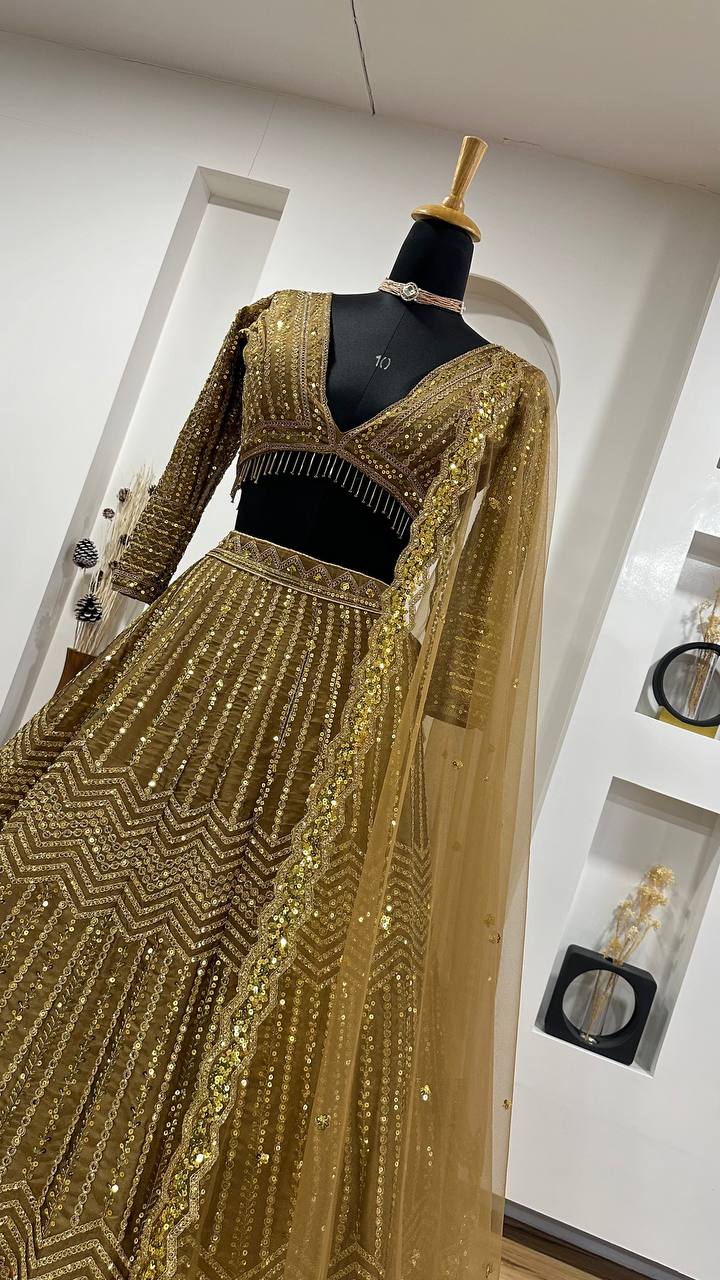 Kasturi Silk Georgette Lehenga Set with Sequins & Dori Work – 3 Piece Bridal Ensemble YNF