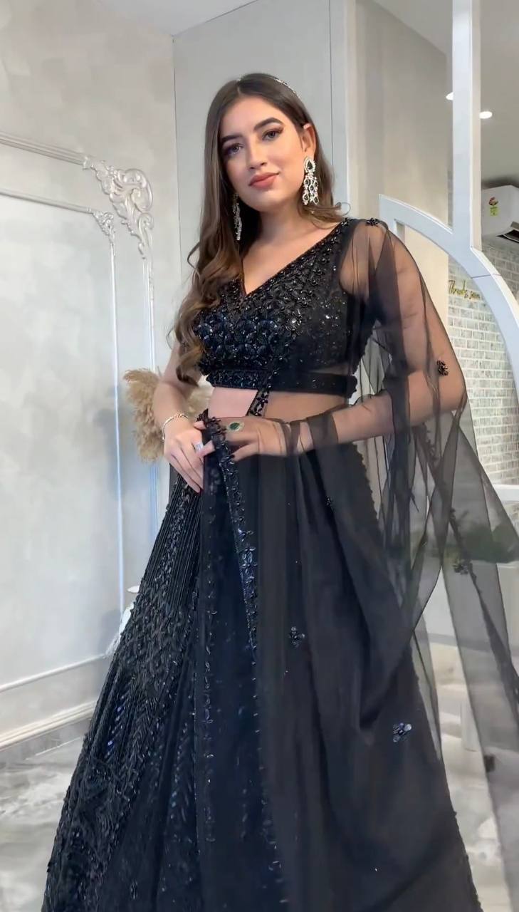 Designer Net Lehenga Set with Dori & Sequin Work | 3.5m Flair | Unstitched Blouse & Dupatta YNF