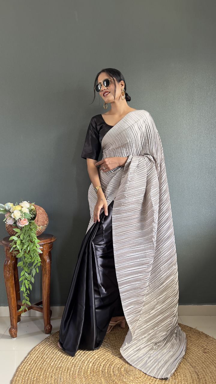 Crush Plated Half-Half Ready-to-Wear Satin Saree – Premium Japan Satin with Plated Pallu YNF