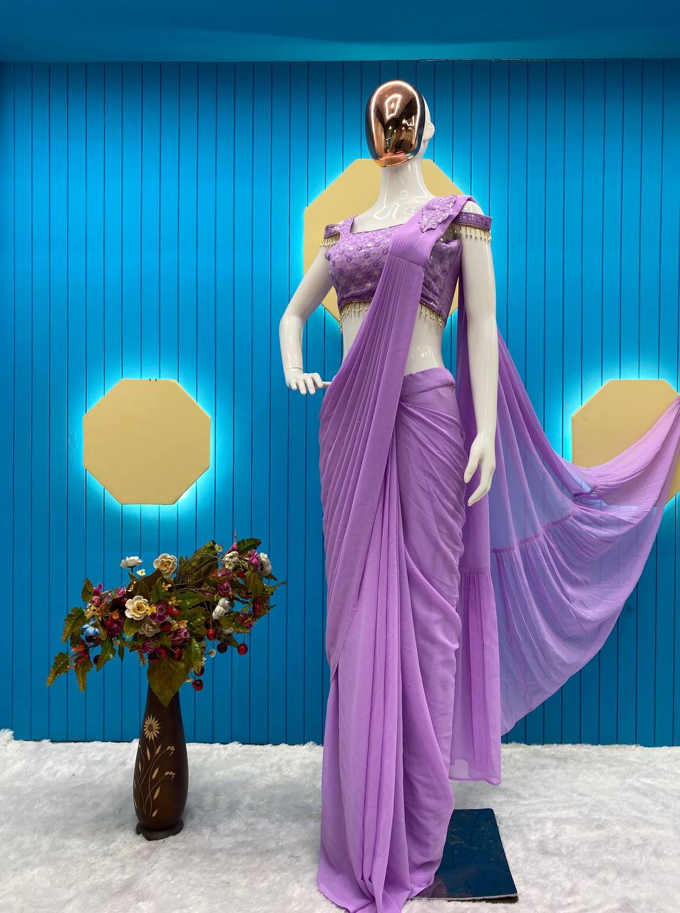 🌟Ready-to-Wear Faux Georgette Saree with Sequin Embroidery & Full-Stitched Blouse YNF