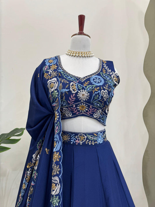 signer Heavy Chinon Silk Lehenga Set with Thread & Sequin Work | 4M Flare with Cancan | Unstitched Choli & Dupatta with Cutwork Border YNF