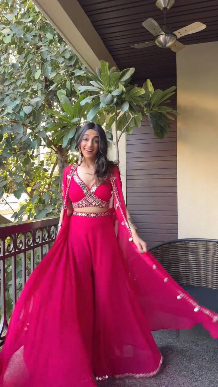 Designer Georgette 3-Piece Set with Mirror Work Shrug & Circular Plazzo | Elegant Ethnic Fusion Wear YNF