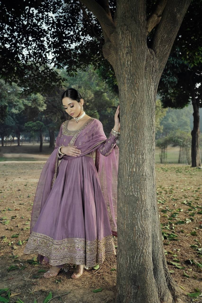 Embroidered Heavy Chinon Silk Gown Set with Organza Dupatta – M to XXL YNF