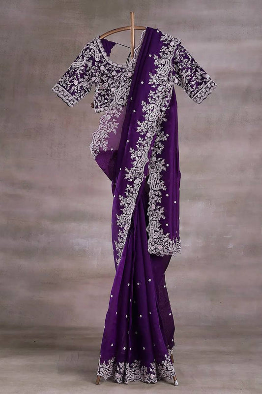 Premium Fendy Satin Sari with Heavy Embroidery Codding & Sequins Work + Unstitched Mono Banglory Silk Embroidered Blouse YNF