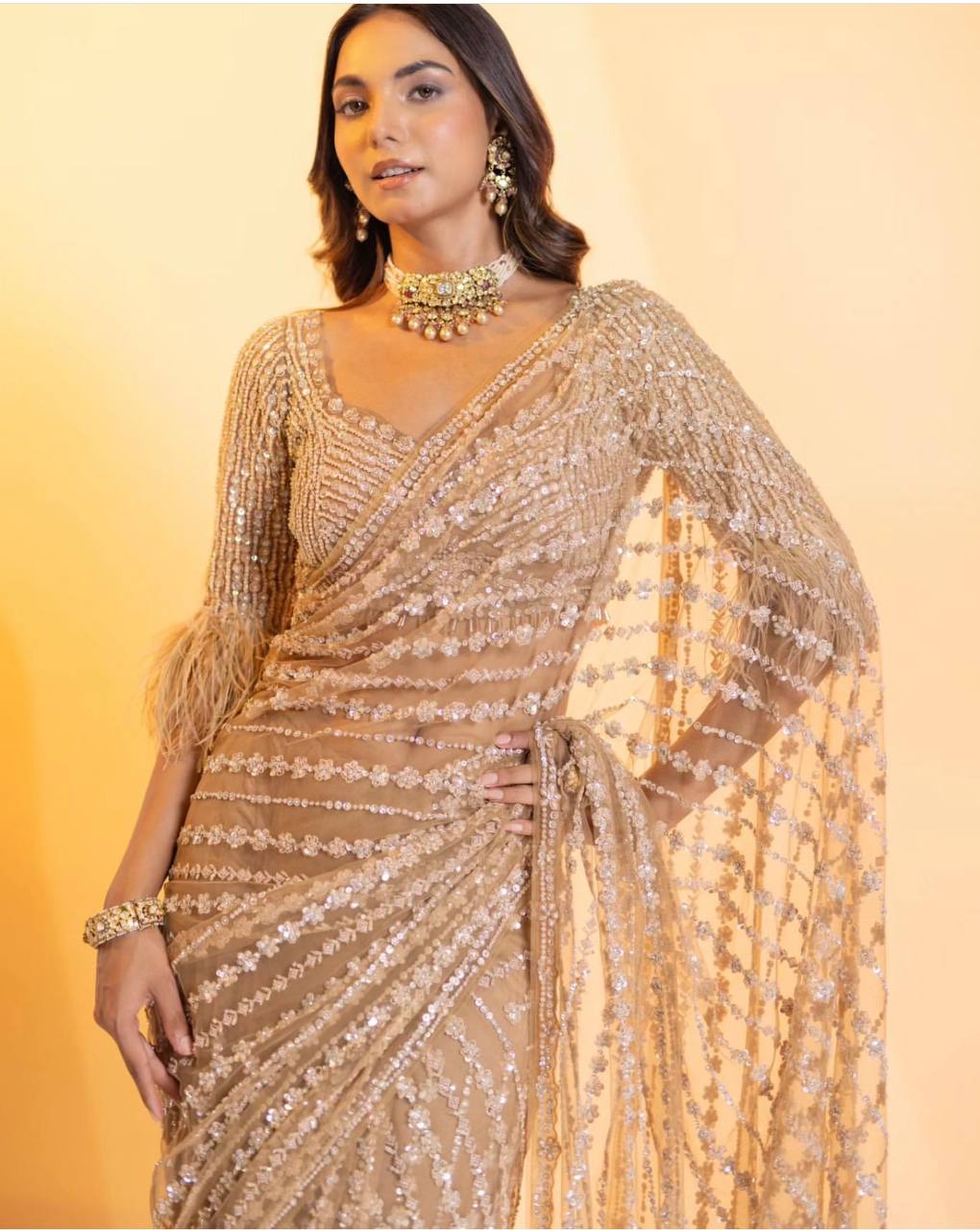 Designer Net Saree with Milky Rainbow Sequin & Thread Work, Satin Inner & Jhalar Border YNF