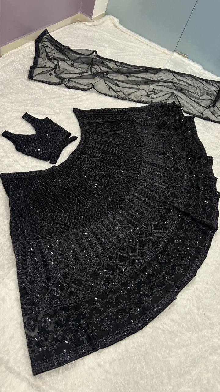Designer Net Lehenga Set with Dori & Sequin Work | 3.5m Flair | Unstitched Blouse & Dupatta YNF