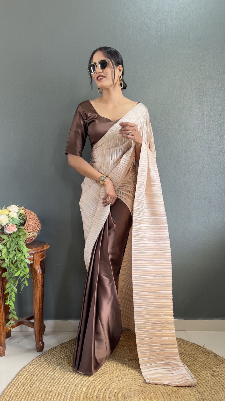 Crush Plated Half-Half Ready-to-Wear Satin Saree – Premium Japan Satin with Plated Pallu YNF