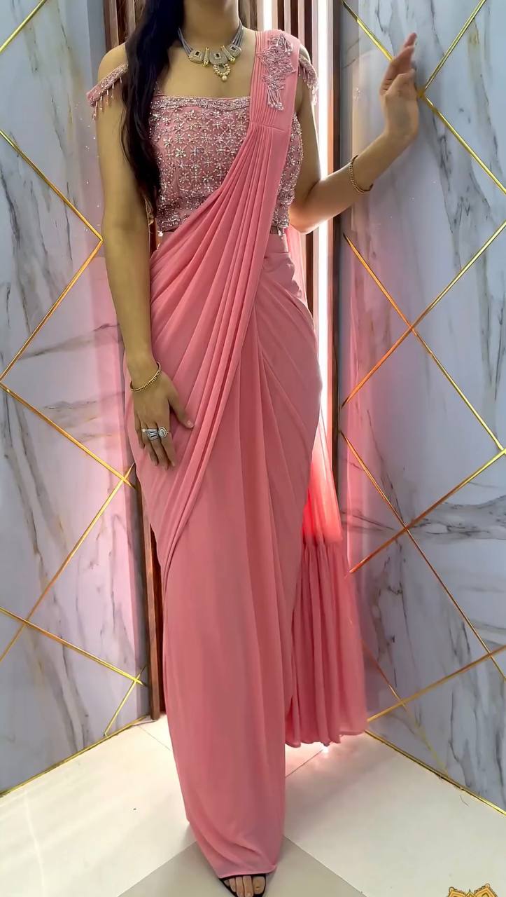 🌟Ready-to-Wear Faux Georgette Saree with Sequin Embroidery & Full-Stitched Blouse YNF