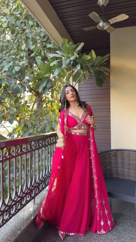 Designer Georgette 3-Piece Set with Mirror Work Shrug & Circular Plazzo | Elegant Ethnic Fusion Wear YNF