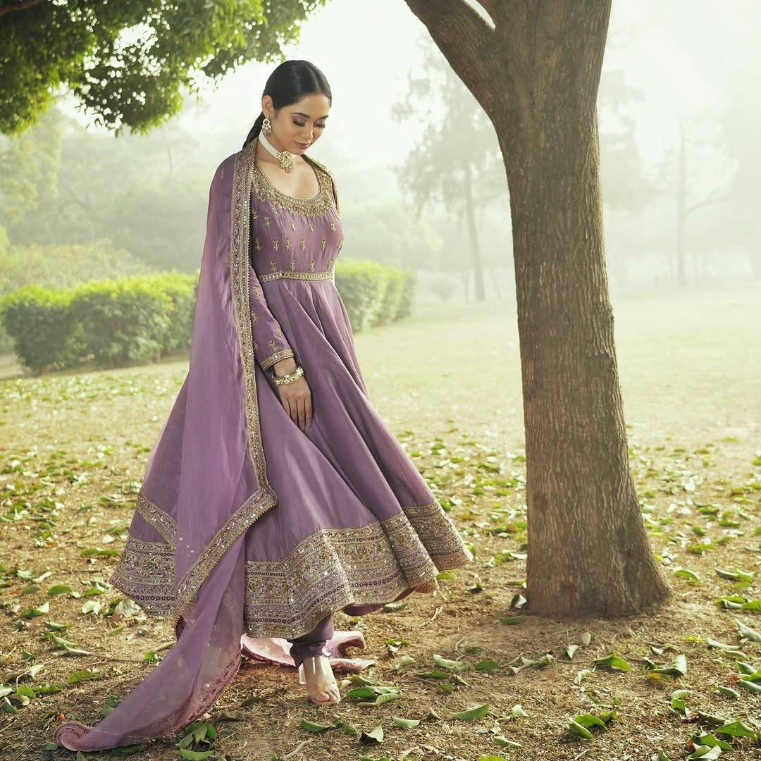 Embroidered Heavy Chinon Silk Gown Set with Organza Dupatta – M to XXL YNF