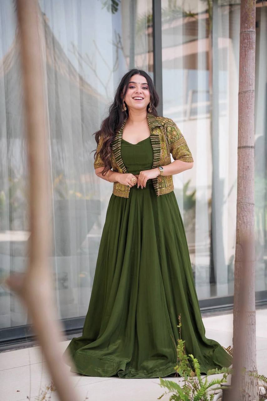 Embroidered Mono Silk Koti with Faux Georgette Lehenga & Choli – M to XXL YNF