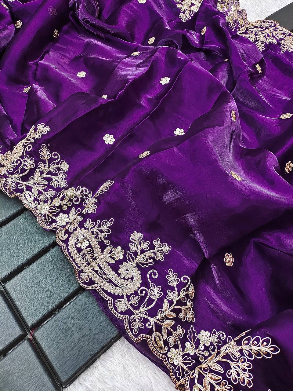 Premium Fendy Satin Sari with Heavy Embroidery Codding & Sequins Work + Unstitched Mono Banglory Silk Embroidered Blouse YNF