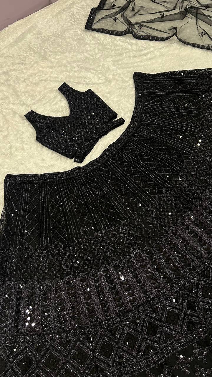 Designer Net Lehenga Set with Dori & Sequin Work | 3.5m Flair | Unstitched Blouse & Dupatta YNF