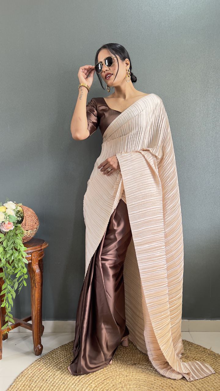 Crush Plated Half-Half Ready-to-Wear Satin Saree – Premium Japan Satin with Plated Pallu YNF