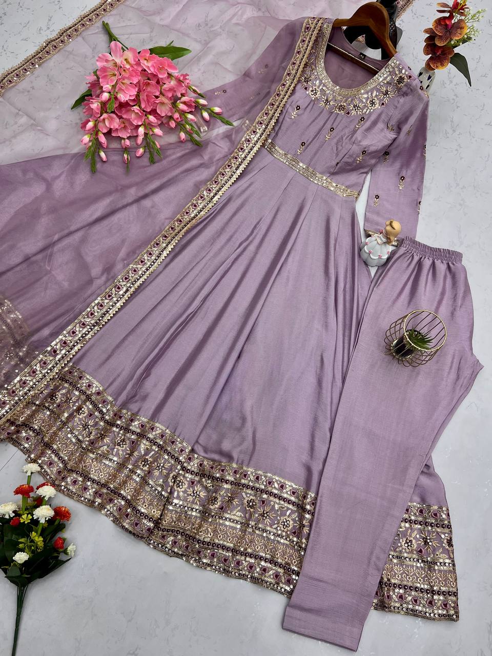 Embroidered Heavy Chinon Silk Gown Set with Organza Dupatta – M to XXL YNF