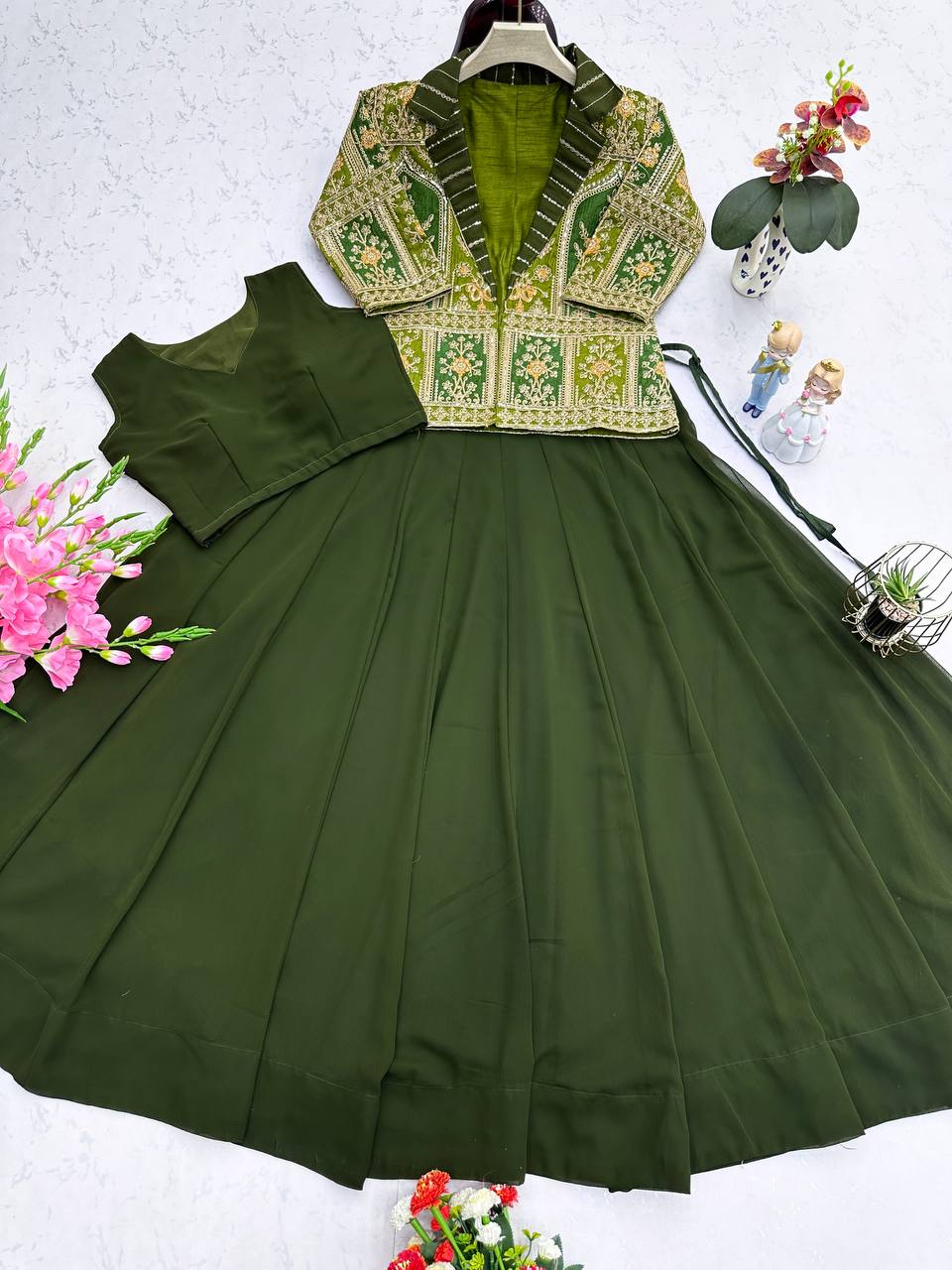 Embroidered Mono Silk Koti with Faux Georgette Lehenga & Choli – M to XXL YNF