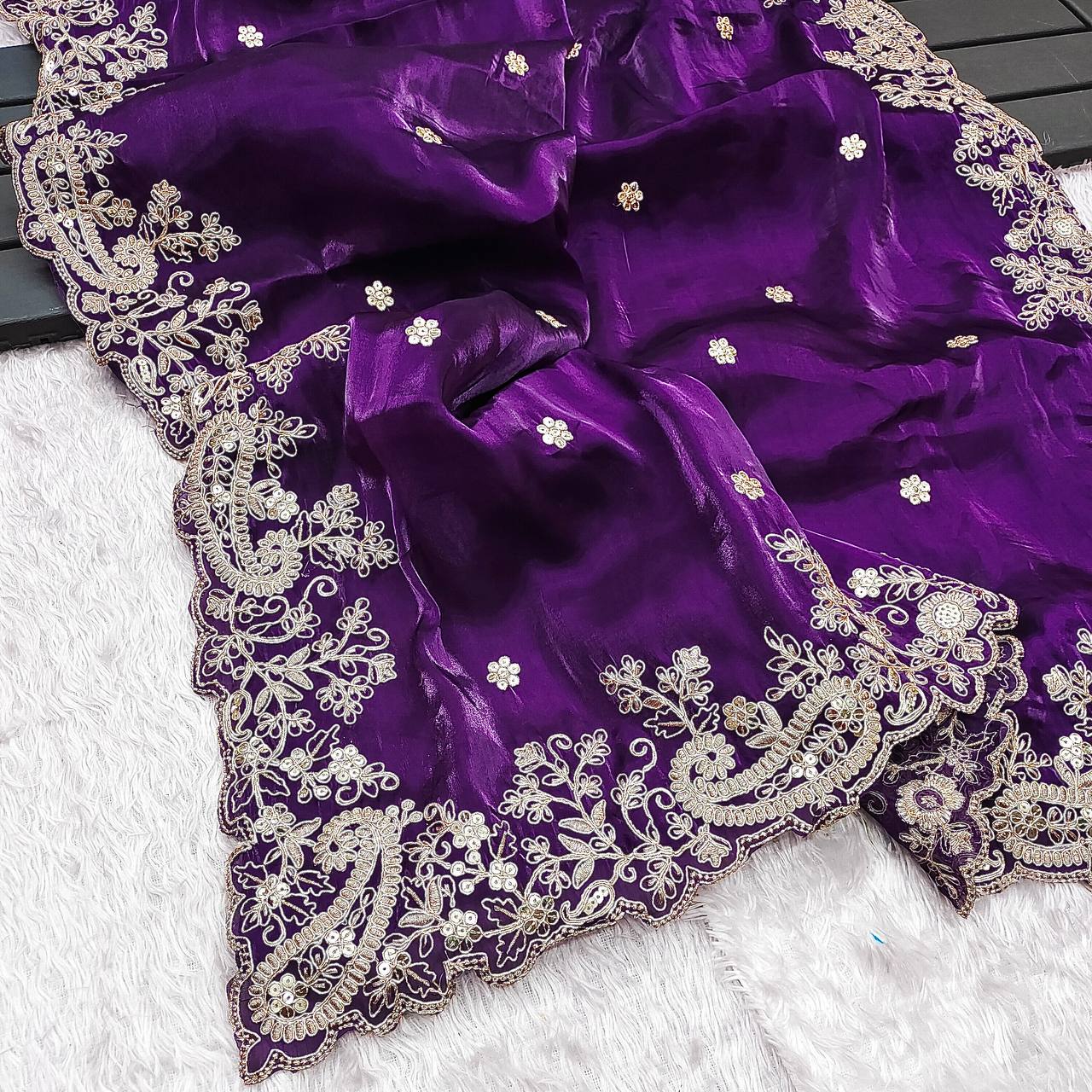 Premium Fendy Satin Sari with Heavy Embroidery Codding & Sequins Work + Unstitched Mono Banglory Silk Embroidered Blouse YNF