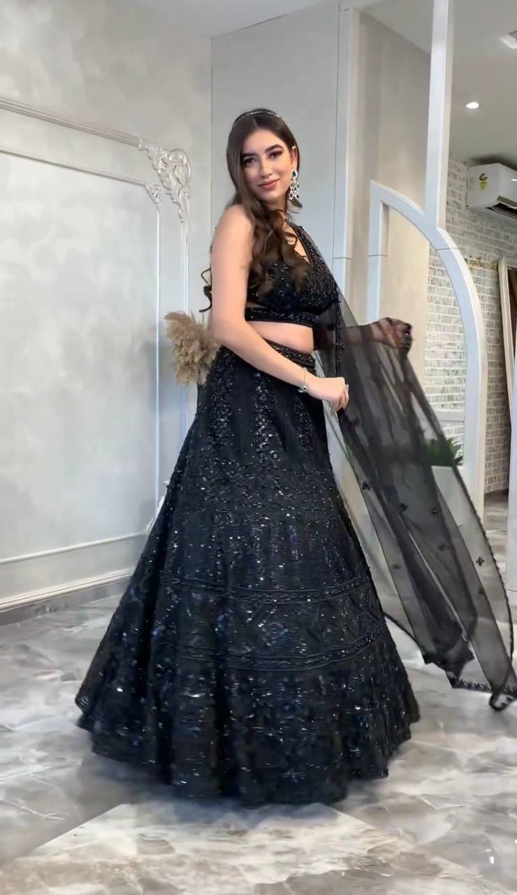 Designer Net Lehenga Set with Dori & Sequin Work | 3.5m Flair | Unstitched Blouse & Dupatta YNF