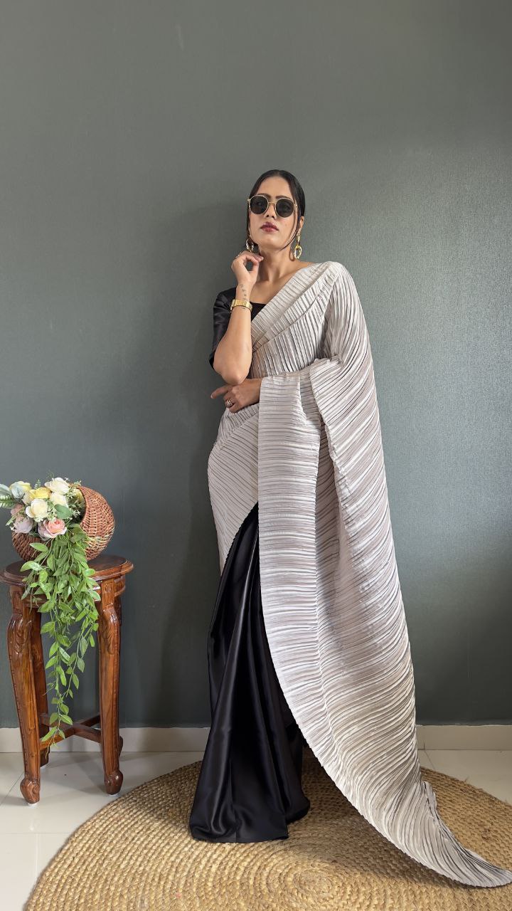 Crush Plated Half-Half Ready-to-Wear Satin Saree – Premium Japan Satin with Plated Pallu YNF