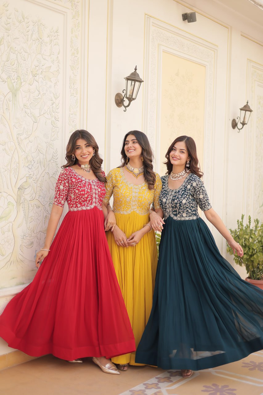Embroidered Faux Blooming Gown – Zari & Sequin Work | Round Neck | Sizes M to XXL YNF