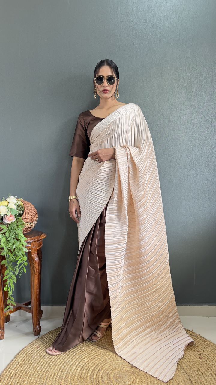 Crush Plated Half-Half Ready-to-Wear Satin Saree – Premium Japan Satin with Plated Pallu YNF