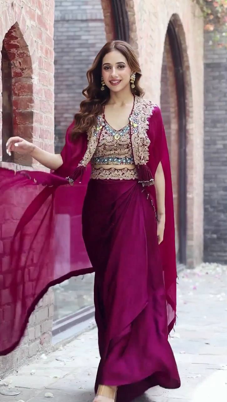 Designer Embroidered Georgette Sharara Set with Banglory Blouse & Shrug – Fully Stitched YNF