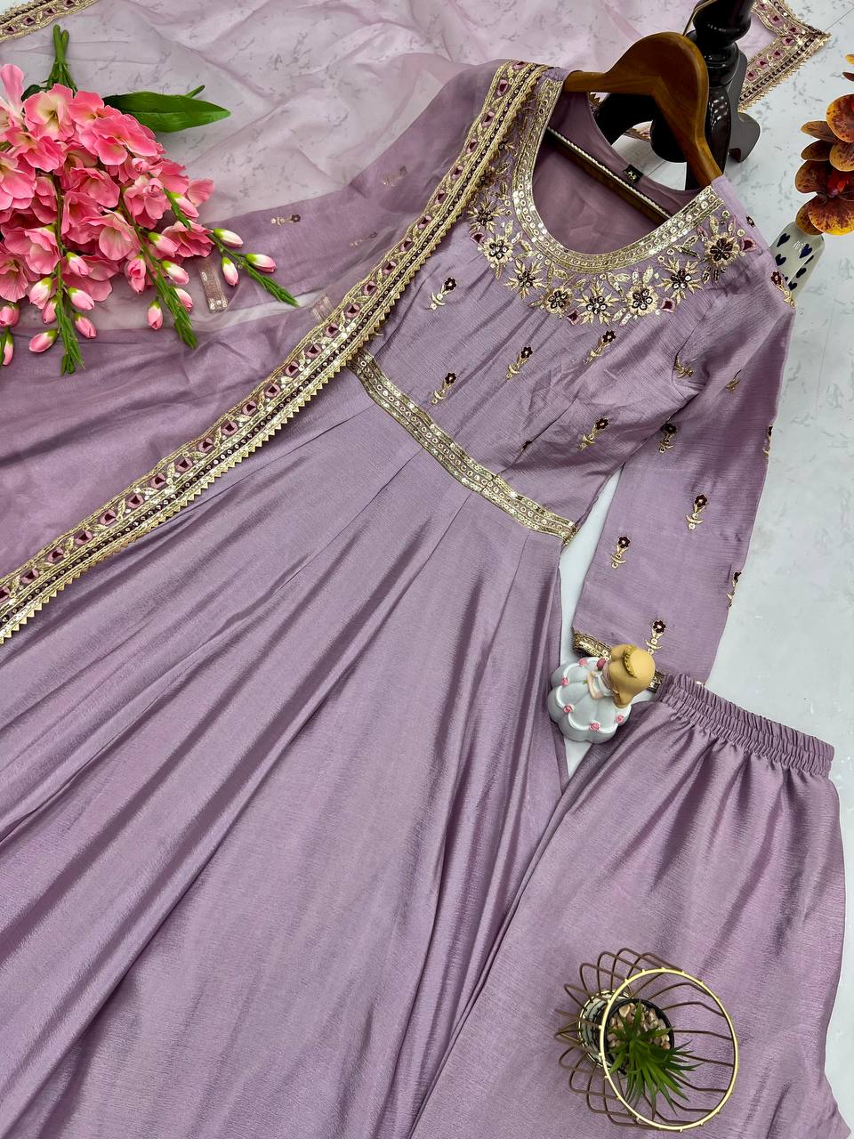 Embroidered Heavy Chinon Silk Gown Set with Organza Dupatta – M to XXL YNF