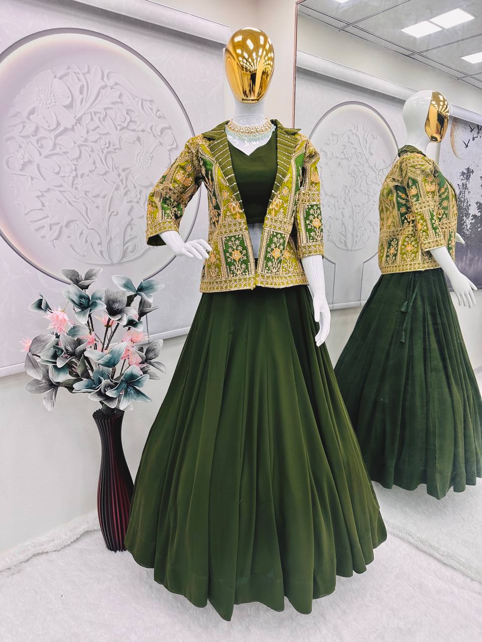 Embroidered Mono Silk Koti with Faux Georgette Lehenga & Choli – M to XXL YNF