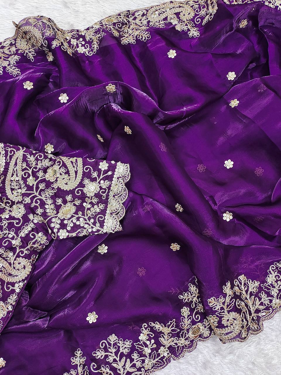 Premium Fendy Satin Sari with Heavy Embroidery Codding & Sequins Work + Unstitched Mono Banglory Silk Embroidered Blouse YNF