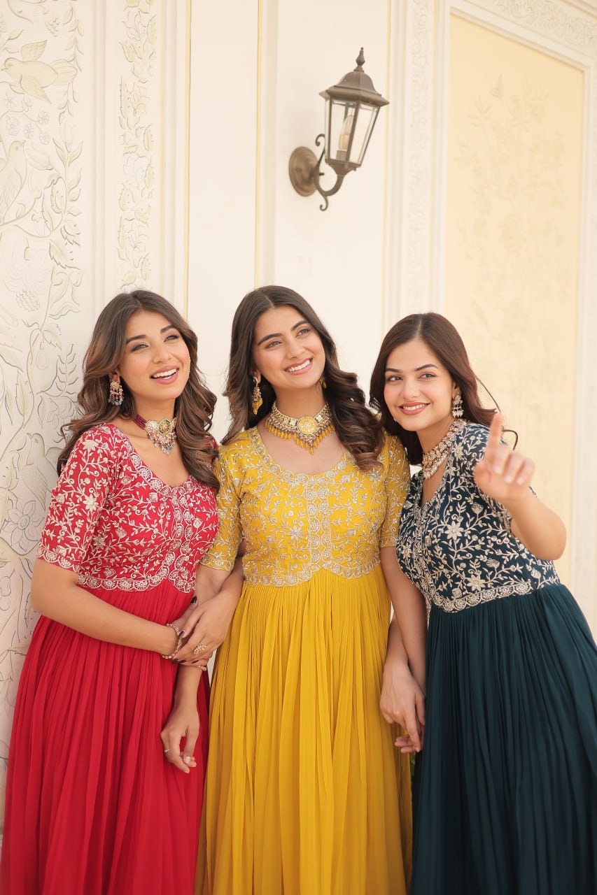 Embroidered Faux Blooming Gown – Zari & Sequin Work | Round Neck | Sizes M to XXL YNF