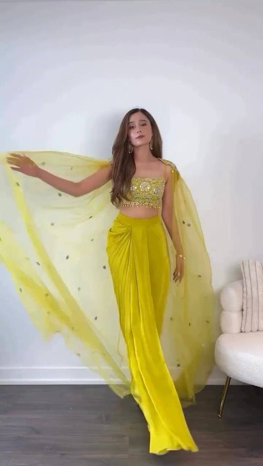 Chinon Silk Choli with Dhoti & Butterfly Net Shrug – Thread & 9mm Sequin Work YNF