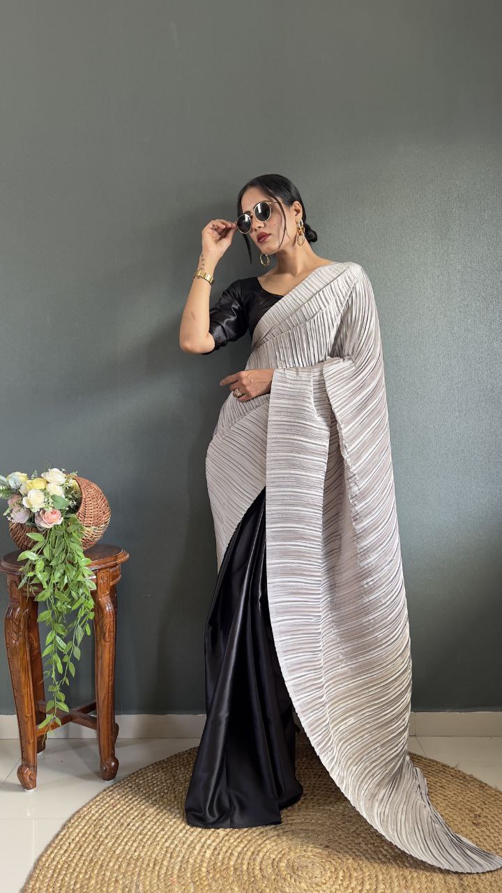 Crush Plated Half-Half Ready-to-Wear Satin Saree – Premium Japan Satin with Plated Pallu YNF