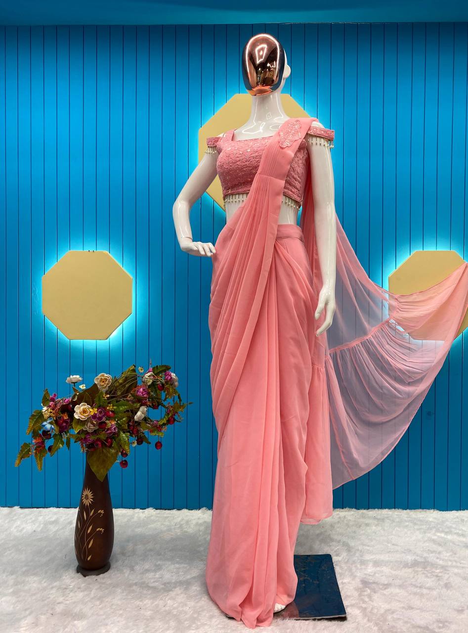 🌟Ready-to-Wear Faux Georgette Saree with Sequin Embroidery & Full-Stitched Blouse YNF