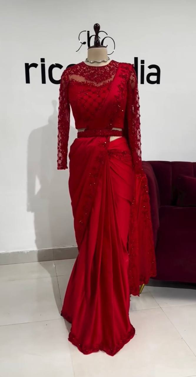 Tabby Silk Saree with Embroidery Sequins Work & Belt | Elegant & Stylish YNF