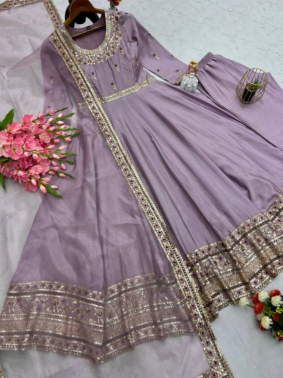 Embroidered Heavy Chinon Silk Gown Set with Organza Dupatta – M to XXL YNF