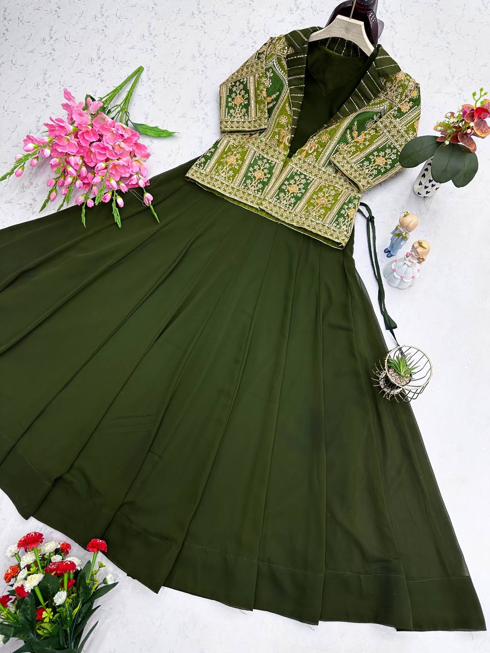 Embroidered Mono Silk Koti with Faux Georgette Lehenga & Choli – M to XXL YNF