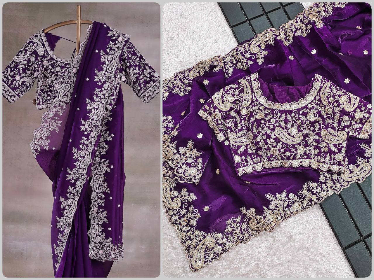 Premium Fendy Satin Sari with Heavy Embroidery Codding & Sequins Work + Unstitched Mono Banglory Silk Embroidered Blouse YNF
